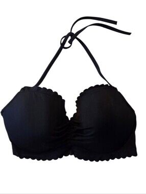 Victoria’s Secret Scalloped Bandeau Bikini Top Black 34DD Halter Swim Top